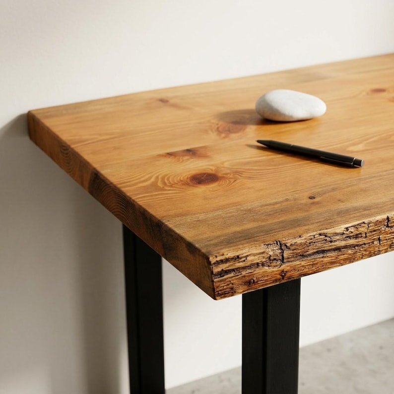 May include: A rustic wooden table with a natural wood grain finish. The table has a rectangular top with a live edge detail and black metal legs. A white stone and a black pen rest on the table's surface.