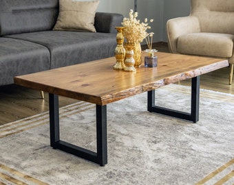 Live Edge Coffee Table, Solid Wood Coffee End Table, Modern Coffee Table with U Shaped Legs