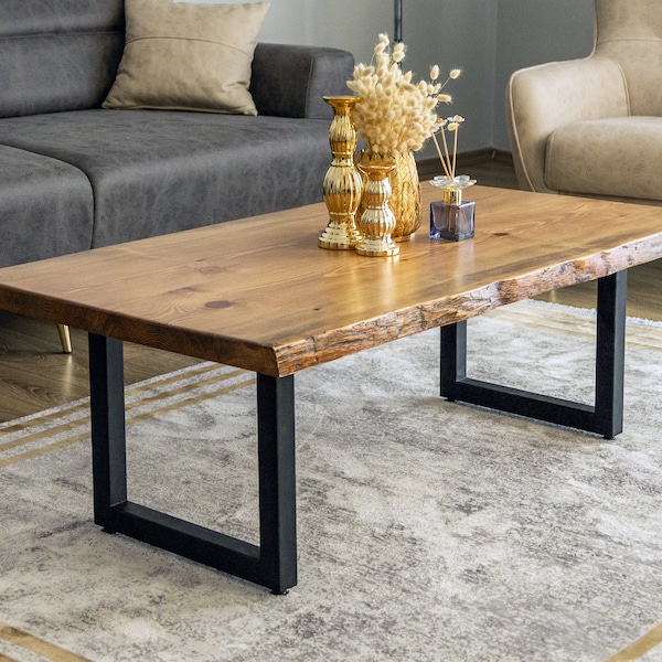 Live Edge Coffee Table, Solid Wood with U Shaped Legs, Modern Style