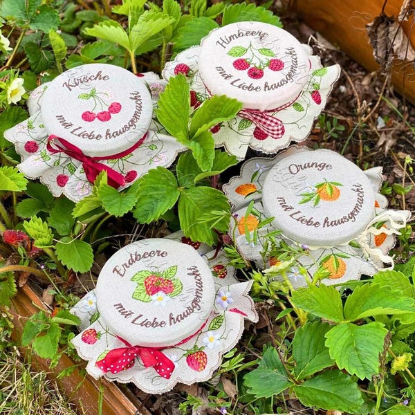 Jam jar cover ITH embroidery design set in German (DEUTSCH)