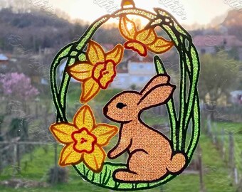 Easter Bunny with daffodils - Large FSL embroidery design