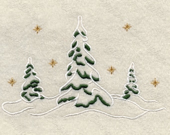 May include: Embroidered design of three green pine trees with white outlines on a white background. The trees are in a snowy landscape with gold stars scattered across the sky.