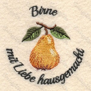 May include: Embroidered design of a pear with green leaves and the text "Birne mit Liebe hausgemacht" in black.