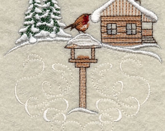 Winter landscape with robin embroidery design