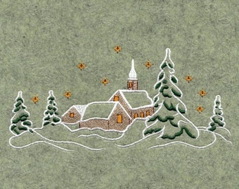 May include: Embroidered image of a snowy winter scene with a church, houses, and pine trees. The sky is green with yellow stars.