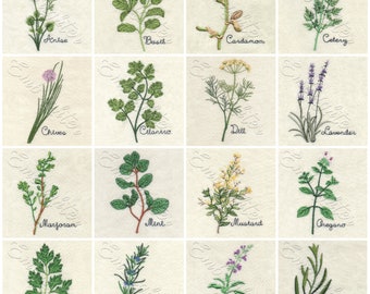 May include: A collection of embroidered herb illustrations, including anise, basil, cardamom, celery, chives, cilantro, dill, lavender, marjoram, mint, mustard, oregano, parsley, rosemary, sage, and tarragon. Each herb is labeled with its name.