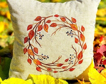 Autumn leaf wreath embroidery design in two sizes