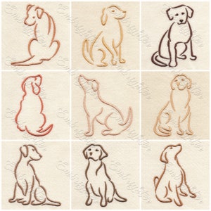 以下が含まれることがあります： ミニマリストの線画スタイルで描かれた9つの犬のイラスト。犬は、クリーム色の背景に茶色とオレンジの色合いで描かれています。このアートワークは、さまざまな犬種をさまざまなポーズで紹介しています。