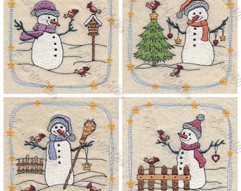 May include: Four embroidered images of snowmen with different winter scenes. The first image shows a snowman with a purple hat and scarf holding a bird. The second image shows a snowman with a red hat and scarf holding a heart ornament. The third image shows a snowman with a blue hat and scarf holding a broom. The fourth image shows a snowman with a red hat and scarf holding a bird.