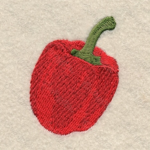 May include: A red bell pepper with a green stem. The pepper is embroidered on a white fabric.