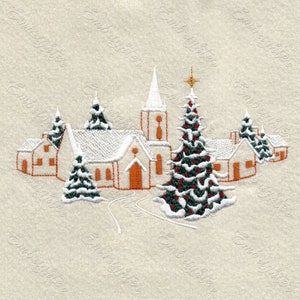 Motif de broderie de sapin de Noël devant une église de village