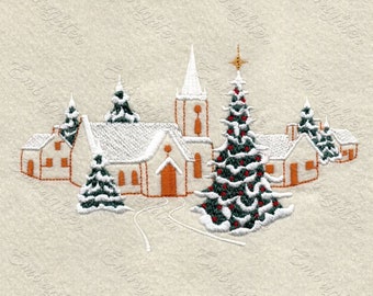 Christmas tree in front of a village church embroidery design