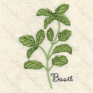 May include: Embroidered image of a green basil plant with the word "Basil" written underneath.