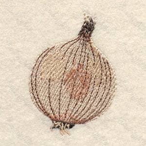 以下が含まれることがあります： 白い背景に刺繍された茶色の玉ねぎ