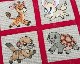 May include: A beige fabric panel featuring four embroidered animal squares separated by red borders. The squares depict a brown giraffe, a tan fennec fox, a brown meerkat, and a gray turtle with a brown shell, all rendered in detailed embroidery.