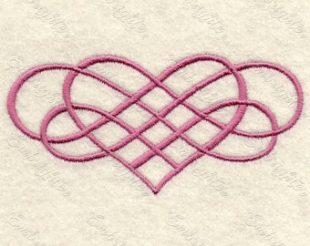 May include: A pink embroidered heart design with interwoven lines and a lattice pattern. The design includes two infinity symbols on either side of the heart shape, all on a cream-colored background.