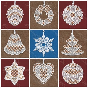 May include: Nine white lace Christmas ornaments with brown accents. The ornaments are shaped like a pine cone, wreath, flower, bell, snowflake, Christmas tree, star, heart, and a round ornament.