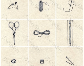 May include: Nine black and white illustrations of sewing supplies, including two safety pins, a spool of thread, a needle and thread, a pair of scissors, a ball of yarn, a zipper, a button, a thimble, and three sewing pins.