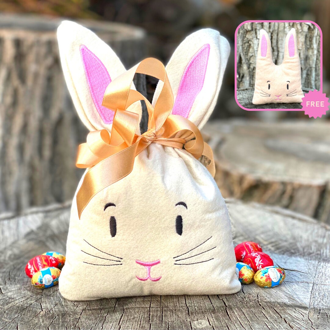 Easter bunny gift bag with free soft bunny cuddly toy ITH machine embroidery design large size