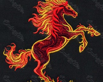 May include: Embroidered image of a rearing horse in shades of red and yellow, resembling flames. The horse is set against a black background. The word "Embrighten" is repeated diagonally across the background.