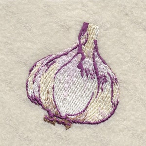 May include: A single, embroidered garlic clove with a purple stem and white and beige body.