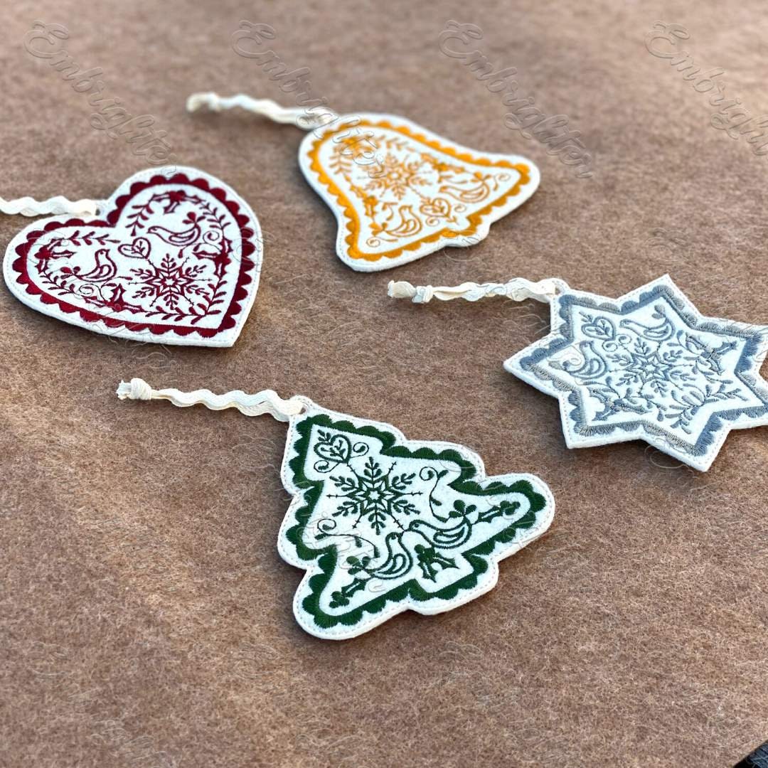 Christmas ornament with birds ITH machine embroidery design set