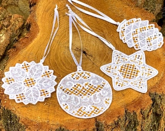 FSL gold and white christmas ornament machine embroidery design set
