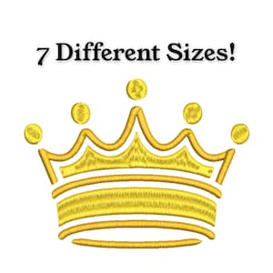 Pode incluir: Uma coroa dourada com um design simples. A coroa tem cinco pontas e é contornada por uma linha dourada mais grossa. O texto "7 Different Sizes!" está acima da coroa.