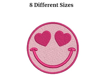 May include: Pink smiley face with heart eyes embroidery design. 8 Different Sizes.