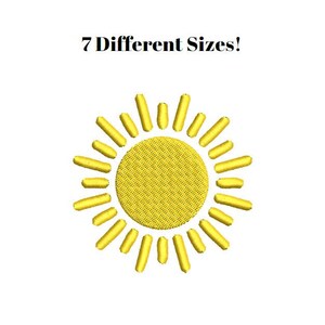 May include: A yellow embroidered sun design with a textured centre and radiating beams. The text "7 Different Sizes!" is above the sun. The design is on a white background.