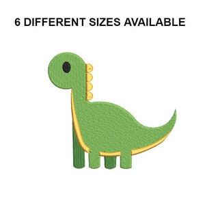 May include: Green dinosaur embroidery design with yellow accents. This design is available in six different sizes.