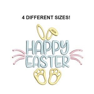 May include: Happy Easter embroidery design with bunny ears, paws, and a pink and blue text design.