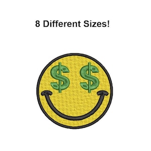 May include: A yellow smiley face with green dollar signs for eyes. The text "8 Different Sizes!" is above the smiley face.
