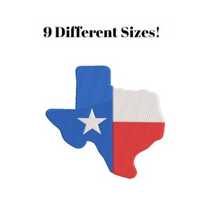 May include: An outline of the state of Texas with the Texas flag colours. The flag is blue, white, and red. The blue section has a white five-pointed star. The text "9 Different Sizes!" is above the image.