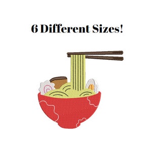 May include: A red bowl of ramen noodles with chopsticks, a piece of meat, a swirl of white noodles, and a yellow egg. The text "6 Different Sizes!" is above the bowl.