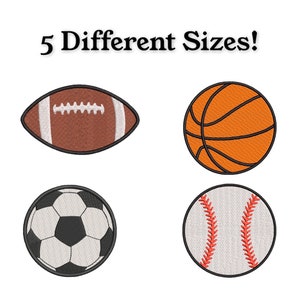 May include: Five different sizes of embroidered sports ball patches: a brown and white football, an orange basketball, a black and white soccer ball, and a white baseball with red stitching.