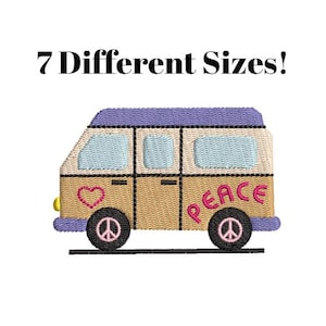 May include: Embroidered design of a purple, brown and white vintage van with peace signs and the word "peace" on the side. The design is available in 7 different sizes.