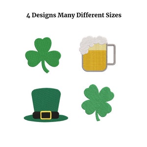 Könnte beinhalten: Vier Stickmotive für den St. Patrick's Day: ein grünes Kleeblatt, ein grüner Leprechaun-Hut, ein Glas Bier mit weißem Schaum und ein weiteres grünes Kleeblatt.