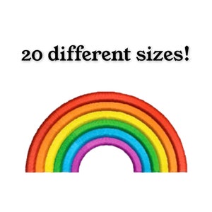 May include: A rainbow with seven colors, red, orange, yellow, green, blue, indigo, and violet. The text "20 different sizes!" is above the rainbow.