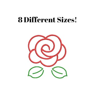 May include: A red outline of a rose with green leaves. The text "8 Different Sizes!" is above the rose.