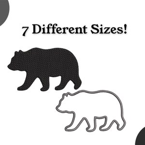 May include: Black and white silhouette of a bear. The bear is facing right and walking. The text "7 Different Sizes!" is above the bear.
