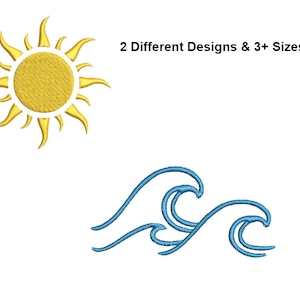 May include: A digital embroidery design featuring a yellow sun and blue waves. The text "2 Different Designs & 3+ Sizes!" is displayed above the designs.