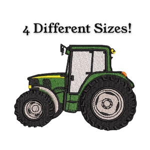 May include: An embroidered patch of a green tractor with black tires and a white cab. The text "4 Different Sizes!" is above the tractor. The tractor has yellow and orange accents.