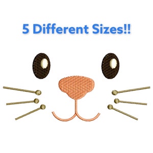 May include: Embroidered bunny face design with brown eyes, a peach-colored nose, and whiskers. The text "5 Different Sizes!!" is displayed in blue above the design. This design is suitable for various craft projects.