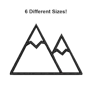 May include: Black and white outline of two mountains with snow-capped peaks. The text "6 Different Sizes!" is above the mountains.