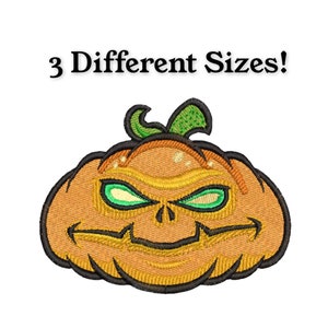 May include: Embroidered pumpkin patch with a menacing face and green eyes. The pumpkin is orange with a black outline and a green stem. Text above the pumpkin reads "3 Different Sizes!"