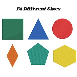 May include: 14 Different Sizes text above six different shapes: a green square, a blue triangle, a red circle, a diamond-shaped orange, a green pentagon, and a yellow hexagon.