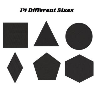May include: A set of six black shapes: a square, a triangle, a circle, a diamond, a pentagon, and a hexagon. The shapes are all the same color and have a textured surface. The text "14 Different Sizes" is written above the shapes.