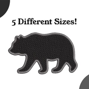 May include: Black silhouette of a bear walking, with the text "5 Different Sizes!" above it.