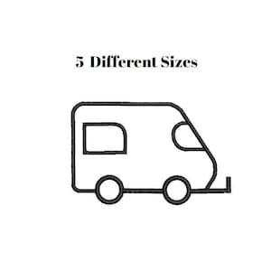 May include: A black and white outline drawing of a camper van. The text "5 Different Sizes" is above the image.
